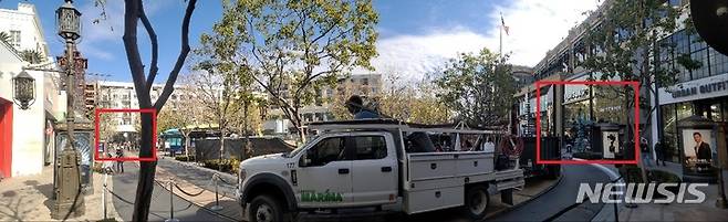 [로스앤젤레스=뉴시스]미국 로스앤젤레스(LA) 아메리카 앳 브랜드에 위치한 '삼성 익스피리언스 스토어 in LA'(왼쪽 붉은 사각형)과 애플 스토어. 두 매장은 도보로 약 1분 거리에 떨어져 있다. (사진=윤현성 기자)