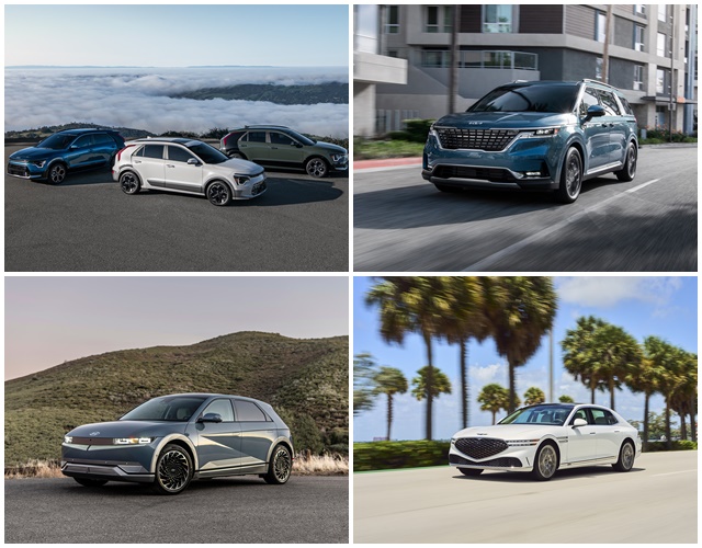 기아 니로와 카니발, 제네시스 G90, 현대차 아이오닉 5(왼쪽 위부터 시계방향)가 미국 유력 자동차 전문 평가 웹사이트 '카즈닷컴'이 발표한 '2023 최고의 차 어워즈'에서 수상 명단에 이름을 올리며 상품성을 입증했다. /현대차그룹