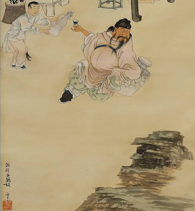 러시아 박물관 수장고에서 발견된 장승업의 말년 대작 <취태백도>의 세부. 시인 이태백이 술에 혼곤하게 취한 자태를 묘사했다. 국외소재문화재재단 제공