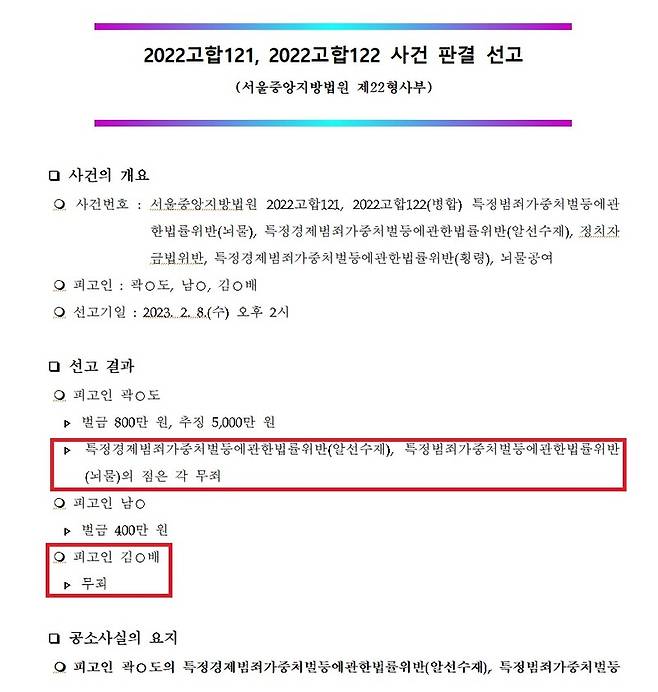 ▲곽상도 전 국민의힘 의원의 뇌물 사건 무죄를 선고한 서울중앙지법 형사22부의 판결 설명 자료. 사진=서울중앙지법 설명자료 갈무리