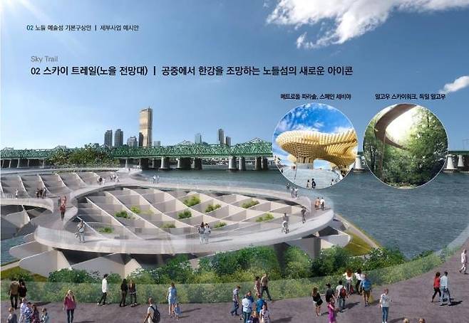오세훈 서울시장이 9일 노들섬, 제2세종문화회관, 성동구치소, 수서역 공영주차장 복합개발 등 공공분야 4개 디자인 혁신 시범사업을 추진한다. 사진은 서울시 ‘노들 예술섬’ 개발구상안 중 스카이 트레일(노을 전망대) 예시. 서울시 제공