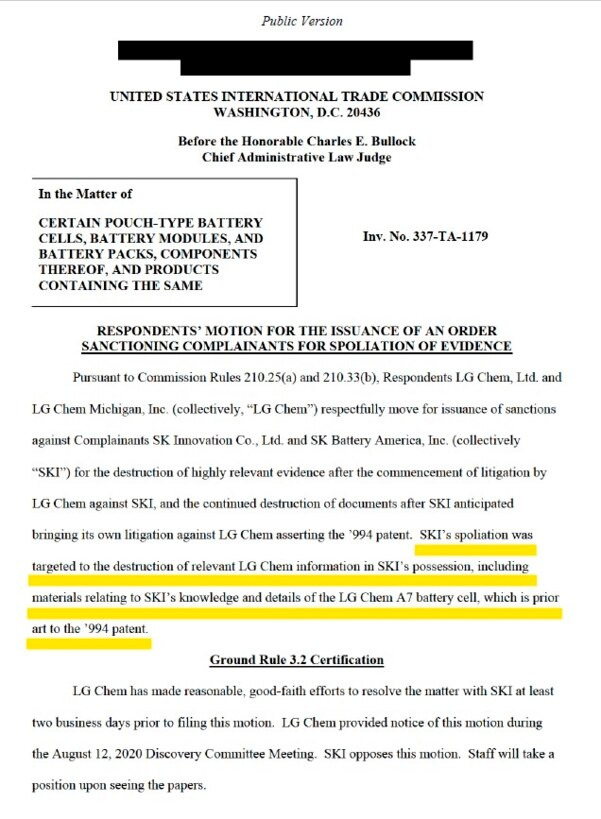 LG화학이 2019년 미국 국제무역위원회(ITC)에 제출한 SK이노베이션 법적 제재 요청 문서. /LG화학