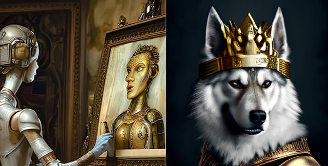 카카오브레인의 이미지 생성 AI '칼로'가 생성한 그림의 예시. '인공지능이 화가처럼 그림을 그리는 모습'(왼쪽 사진)과 '왕관을 쓴 허스키'라는 키워드를 넣으면 결과로 나오는 그림이다. 카카오브레인 제공