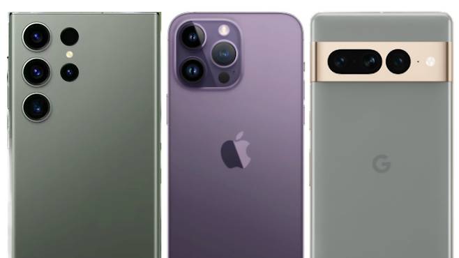 왼쪽부터 삼성전자 ‘갤럭시S23 울트라’, 애플 ‘아이폰14 프로 맥스’, 구글 ‘픽셀7 프로’. [각 사 홈페이지]