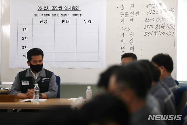 [거제=뉴시스] 조성봉 기자 = 지난해 7월22일 오후 경남 거제시 대우조선해양 옥포조선소 노동조합 대회의실에서 집행부들이 대우조선지회의 민주노총 금속노조 탈퇴 찬반 투표 결과를 확인하고 있다. 2022.07.22.suncho21@newsis.com