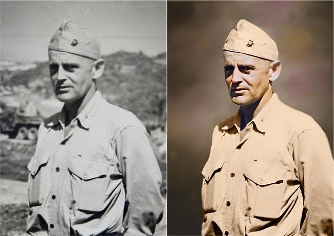 국가보훈처는 6·25전쟁 정전 70주년을 맞아 참전 영웅들의 흑백사진을 고해상도 색채(컬러) 사진으로 재탄생시키는 사업을 추진한다고 13일 밝혔다. 사진은 에드워드 포니 대령의 사진 복원 전(왼쪽)과 후. 사진=국가보훈처 제공