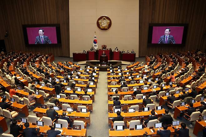 총 1만자 분량의 연설에서 주호영 원내대표는 민주주의 훼손의 위기를 비판했다. 장진영 기자