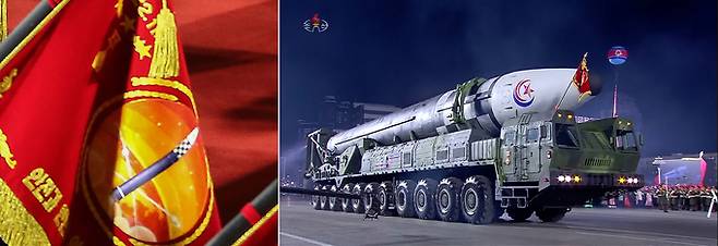 ‘화염 뿜는 ICBM’ 깃발 단 이동식발사차량 북한의 최신 대륙간탄도미사일(ICBM) ‘화성-17형’ 운용을 전담하는 신생 부대의 깃발(왼쪽 사진). 미사일 그림 위에 부대 창설일로 추정되는 숫자(2022.11)가 보인다. 오른쪽 사진은 지난 8일 열병식에 등장한 화성-17형을 운반하는 이동식발사차량(TEL)의 전면에 이 부대기가 내걸린 모습.   연합뉴스