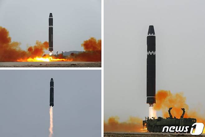 (평양 노동신문=뉴스1) = 북한이 18일 오후 대륙간탄도미사일(ICBM) '화성-15형' 훈련을 진행했다고 19일 당 기관지 노동신문을 통해 밝혔다. [국내에서만 사용가능. 재배포 금지. DB 금지. For Use Only in the Republic of Korea. Redistribution Prohibited] rodongphoto@news1.kr