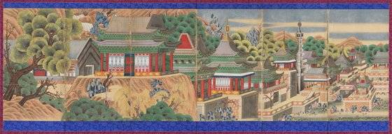 상상 속 궁궐을 그린 '한궁도 6폭 병풍. 나무가 점묘법으로 그려져 있다. [사진 아모레퍼시픽미술관]