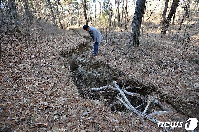 20일 경북 경주시 강동면 안계리 마을 뒷산에서 있는 산에서 땅 갈라짐(꺼짐) 현상이 발생했다. 주민 A씨는 "지난해 9월 태풍 힌남노 내습 이후부터 시작된 것 같다＂고 말했다. 땅 갈라짐은 길이 약 200m, 폭 약 2m, 깊이 1m50cm 정도의 크기로 추정된다.2023.2.20/뉴스1 ⓒ News1 최창호 기자