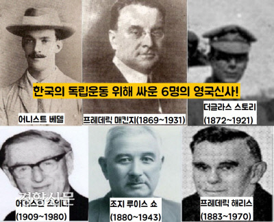 영국인 가운데 대한민국의 독립유공자가 된 이는 베델(대통령장), 프레데릭 매킨지(1869~1931)·조지 루이스 쇼(1880~1943)·프레데릭 브라운 해리스(1883~1970·이상 독립장), 더글라스 스토리(1872~1921)·어거스트 스위니(1909~1980·이상 애족장) 등 6명이다.|국가보훈처 자료