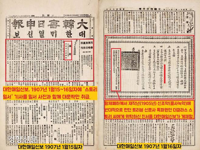 대한매일신보는 1907년 1월15~16일자에  영국 ‘트리뷴’지에 잇달아 소개된 고종황제의 밀서 내용을 사진과 함께 자세히 소개했다. |빅카인즈 고신문 아카이브