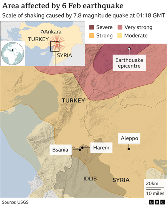 이번 지진이 발생한 튀르키예와 시리아 국경지역 지도. BBC 캡처