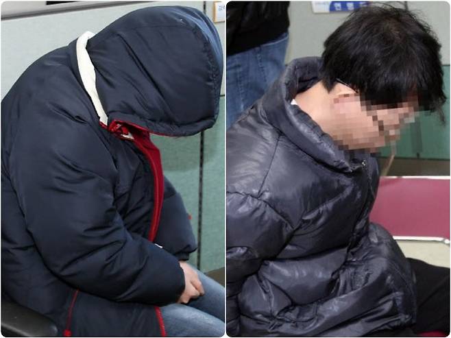 남편을 살해한 김모(왼쪽)씨와 내연남 정모(오른쪽)씨가 2013년 2월 20일 긴급체포된 후 청주흥덕경찰서에서 조사를 받고 있다. (사진=연합뉴스)