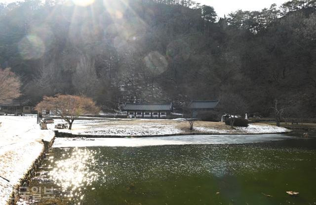 저녁 햇살이 불영사 연못에 반짝이고 있다.