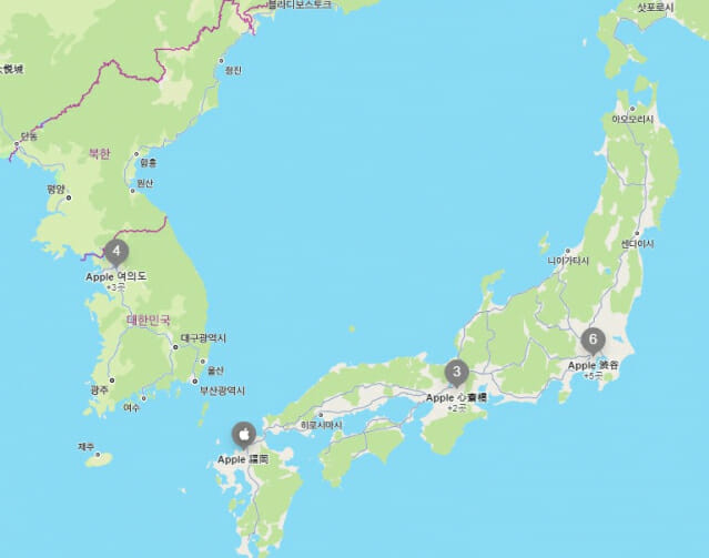 한국과 일본 애플 스토어 분포도 (사진=애플 공식홈페이지 지도 갈무리)