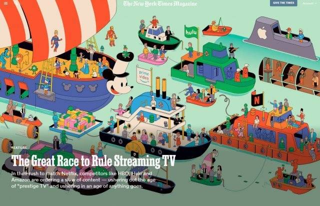 미 뉴욕타임스(NYT)는 2019년 7월 HBO, 훌루, 아마존, 디즈니 등이 뛰어든 스트리밍 시장을 조명했다. NYT는 “넷플릭스가 만든 신세계에서 여러 업체가 전부 살아남을 수 있을까?”라는 의문을 던졌다. 아직 낙오자는 없지만, 피 튀기는 경쟁이 계속되고 있다. (NYT)