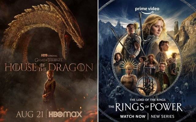 워너브러더스 디스커버리가 제작한 ‘왕좌의 게임’ 스핀오프 드라마 ‘하우스 오브 드래곤’(왼쪽)과 아마존프라임이 방영하는 ‘반지의 제왕: 링즈 오브 파워’ 시리즈. (워너브러더스 디스커버리, 아마존)