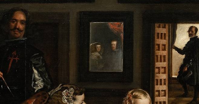 디에고 벨라스케스, 시녀들(일부 확대·거울에서 펠리페 4세와 마리아나 왕비를 볼 수 있다.)