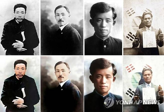 보훈처, 독립운동가 흑백사진 색채 복원 및 영상 콘텐츠 제작 (서울=연합뉴스) 국가보훈처가 27일 독립운동가 15인의 흑백사진을 인공지능(AI) 기술을 활용해 색채 사진으로 복원, 이를 영상으로 제작해 이날부터 대한민국임시정부 수립기념일인 4월 11일까지 서울 광화문광장 대한민국역사박물관 대형 전광판을 통해 송출한다고 밝혔다. 사진은 안중근(왼쪽부터), 안창호, 윤동주, 윤봉길 복원 전후 사진. 2023.2.27 [국가보훈처 제공. 재판매 및 DB 금지] photo@yna.co.kr