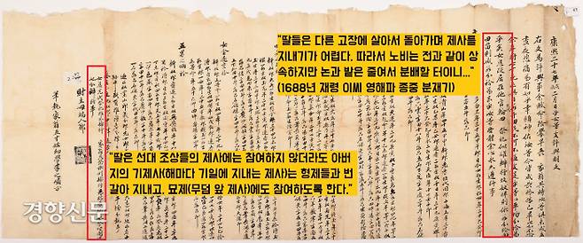 ‘재령이씨 영해파종의 상속문서’(1688년) 남편을 잃은 부인이 5남 1녀의 자녀들에게 재산을 상속한 내용을 담고 있다. 이때는 “멀리 떨어져서 사는 딸은 제사를 모시기 어렵다”면서 “재산상속의 차별을 둔다”고 명문화했다. |한국국학진흥원 제공