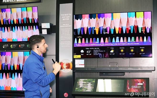 미국 베스트바이에서 매장 직원이 LG 올레드TV를 소개하고 있다. /사진제공=LG전자