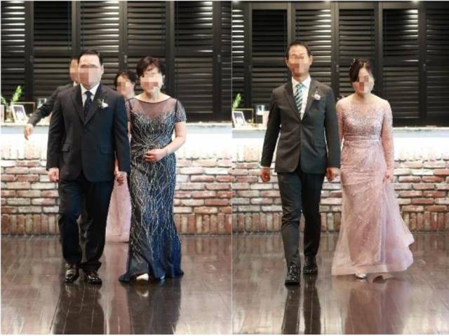 지난 2021년 10월 이애린씨 결혼식에서 혼주인 배우자의 부모님(왼쪽)과 이씨 부모님(오른쪽)이 각각 양복 정장과 드레스를 입은 모습. 이애린씨 제공