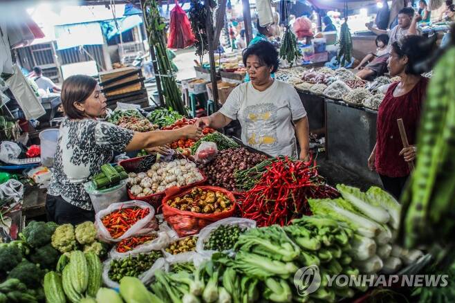 인도네시아 전통시장 인도네시아 북수마트라주 메단에 있는 전통 시장에서 한 상인이 손님에게 식료품을 팔고 있다. 
[EPA 연합뉴스 자료사진. 재판매 및 DB 금지]
