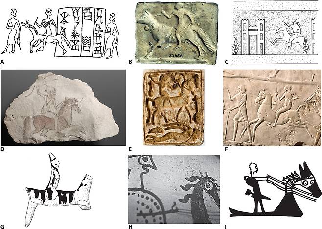 청동기 시대(기원전 2100~1200년) 메소포타미아(a~c))와 이집트(d~f), 그리스(g~i) 유적지에서 나온 유물들. 말을 탄 사람이 묘사됐다./Science Advances