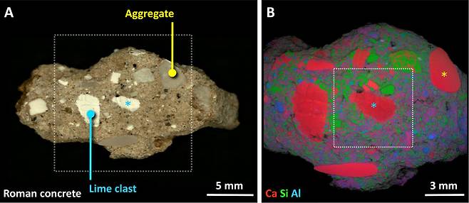 로마 콘크리트 속 석회 쇄설암(Lime clast). 지금까지 이물질로 여겨졌지만, 석회 쇄설암은 로마 콘크리트가 뛰어난 내구성을 지닐 수 있었던 핵심 물질이었다. (출처: Science Advances)