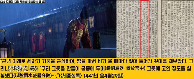 <세종실록> 1441년 4월29일자는 측우기를 고안하고 제작한 뒤 궁중에서 강우량을 시험측정한 이가 세자(이향·문종)이라고 분명히 밝혔다.