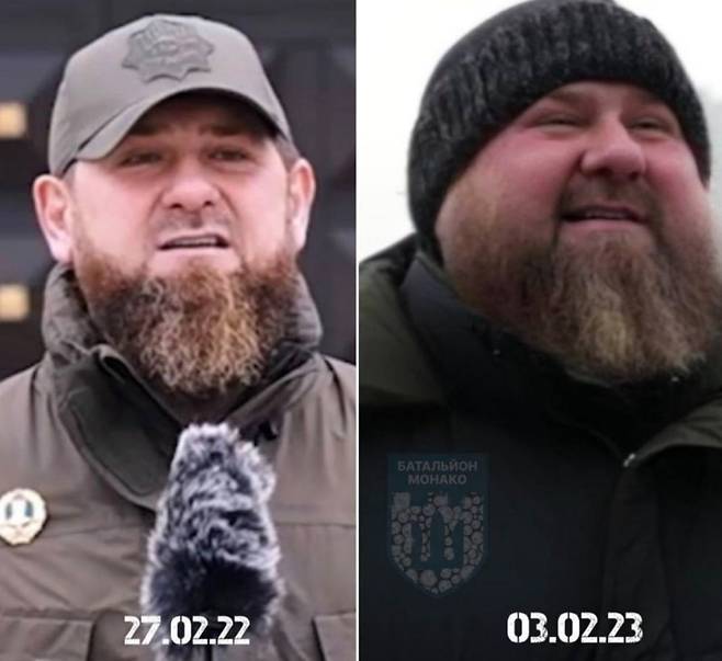 소셜미디어에 올라온 람잔 카디로프(46) 체첸공화국 수장의 지난해(왼쪽)과 올해 모습. / 트위터