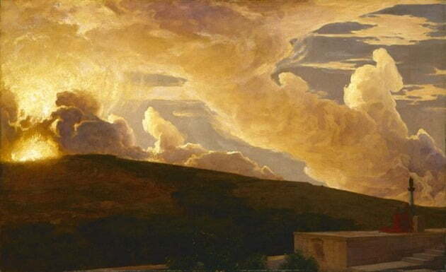 습작 성격의 풍경화 '클리티에'(1890~1892). 일몰 무렵 아폴론(태양신)을 바라보며 아쉬워하는 님프 클리티에의 모습이 오른쪽 아래에 작게 그려져 있다. /영국 피츠윌리엄 박물관 소장