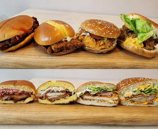 (왼쪽부터) 롯데리아 힙앤핫치킨버거, 맥도날드 맥크리스피 크리미 어니언과 맥스파이시 크리미 어니언, 맘스터치 딥치즈싸이버거/사진=김아름 기자 armijjang@