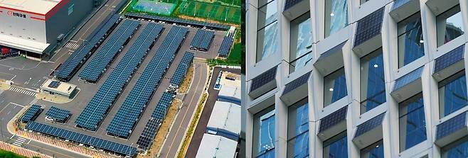 한화큐셀 진천공장 주차장(왼쪽)과 장교동 한화빌딩(오른쪽)에 설치된 태양광 발전 패널./한화솔루션 제공