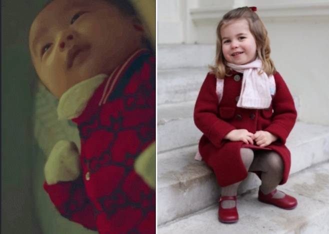 “우리 예솔이의 퍼스트 구찌에요”라는 시모의 대사와 함께 등장하는 드라마 '더 글로리'에서의 연진 딸 예솔(왼쪽), 영국 왕실 샬롯 공주(오른쪽)의 모습. 해외 왕실 자녀의 의상은 '대놓고 명품' 보여주기를 삼가는 추세다. [넷플릭스 '더 글로리'·켄싱턴궁 트위터]