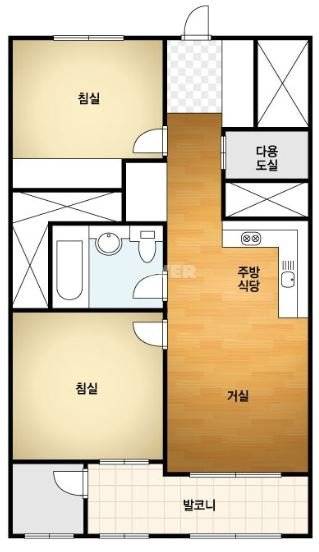 서울 송파구 가락동 헬리오시티의 전용 39㎡ 평면도. 이 아파트는 방 두 개와 욕실 하나로 구성됐다. 네이버부동산 캡처