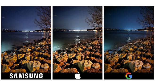 삼성전자 ‘갤럭시S23 울트라’, 애플 ‘아이폰14 프로 맥스’, 구글 ‘픽셀7 프로’로 찍은 야간 해변 사진. [폰아레나]