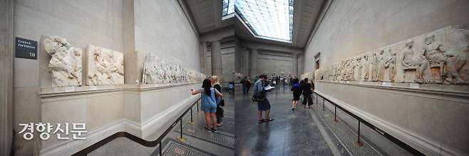 영국 박물관을 대표하는 유물이 된 ‘파르테논 마블스’의 전시모습. 해마다 600만명이 찾는다고 한다.|강임산 부장 제공