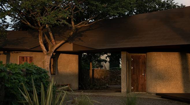 제주도 한림읍 명월리에 위치한 스테이 ‘잔월’. 2021년 제주건축문화대상 대상과 2022년 한국건축문화대상 우수상을 수상했다. 팽나무를 피하기 위해 지붕의 모양이 특이하다. [홍승표]