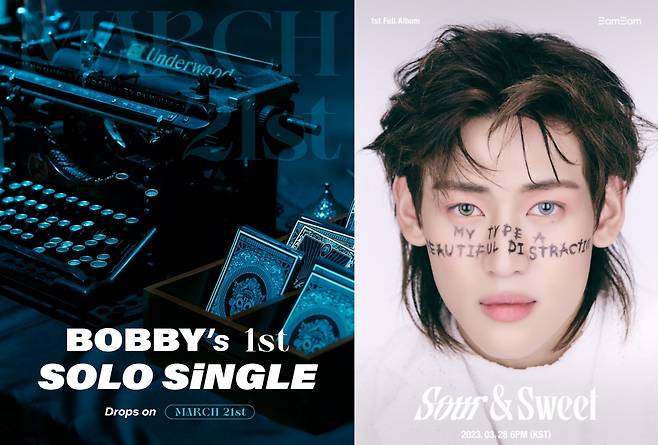 (L) Poster of Bobby's first solo single (143 Entertainment) / (R) Poster of BamBam's first solo LP "Sour & Sweet" (Abyss Company)