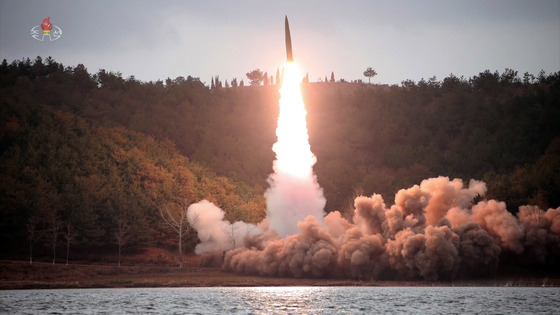 Footage broadcast by Pyongyang's Korean Central Television (KCTV) shows one of the two ballistic missiles that were launched from Jangyon, South Hwanghae Province on Tuesday. [YONHAP]