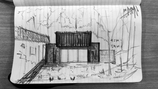 새집을 설계하기 위해 이승호 소장이 그린 스케치. 유물을 발굴하고 복원하는 건축주의 직업과 연계해 원초적이고 단순한 형태의 고인돌 유적을 떠올렸다. STUDIO 승호 제공