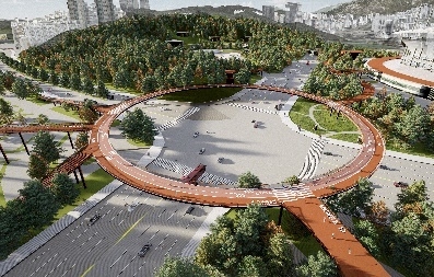서울시가 월드컵경기장의 접근성을 높이기 위한 연결 공중보행로를 추진할 예정이다. 월드컵경기장 사거리에 공중보행로를 적용한 상상도. 서울시 제공