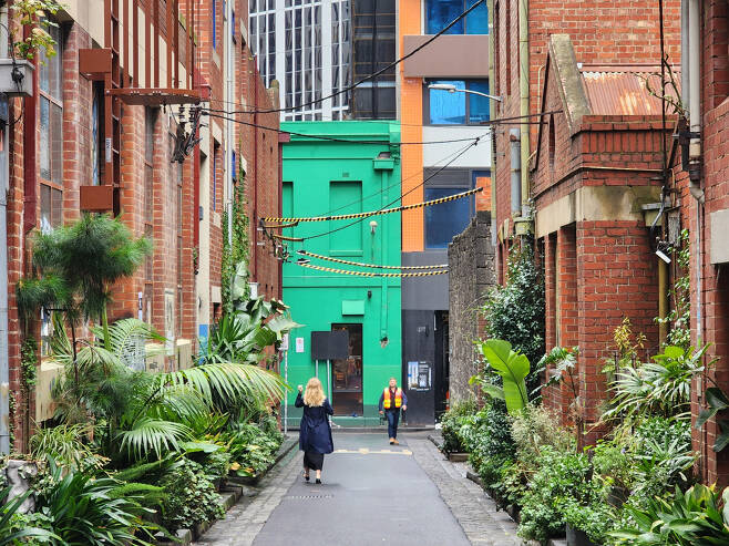 빅토리아시대 건물 사이로 녹색 화분을 놓은 길포드레인