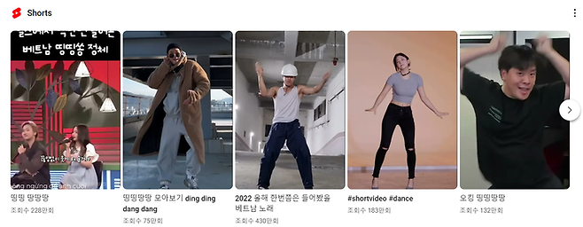 유튜브에서 ‘띵띵땅땅송’ 댄스 챌린지를 한 크리에이터들의 쇼트폼 영상은 수백 만 조회수를 기록하고 있다. 유튜브 갈무리
