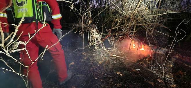 [진천=뉴시스] 조성현 기자 = 19일 오후 5시41분께 충북 진천군 초평면 용정리 두타산에서 불이 나 산림당국 등이 진화작업을 하고 있다. (사진=산림청 제공) 2023.03.19. photo@newsis.com *재판매 및 DB 금지