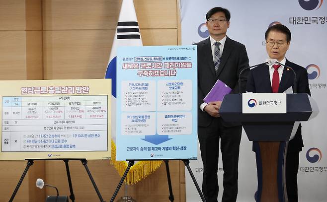 이정식 고용노동부 장관이 6일 정부서울청사 브리핑실에서 근로시간 제도 개편방안을 발표하고 있다. 연합뉴스