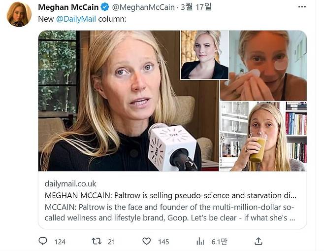 미 칼럼니스트 메건 매케인이 귀네스 팰트로를 비판하는 글 [메건 매케인 트위터 캡처. 재판매 및 DB 금지]